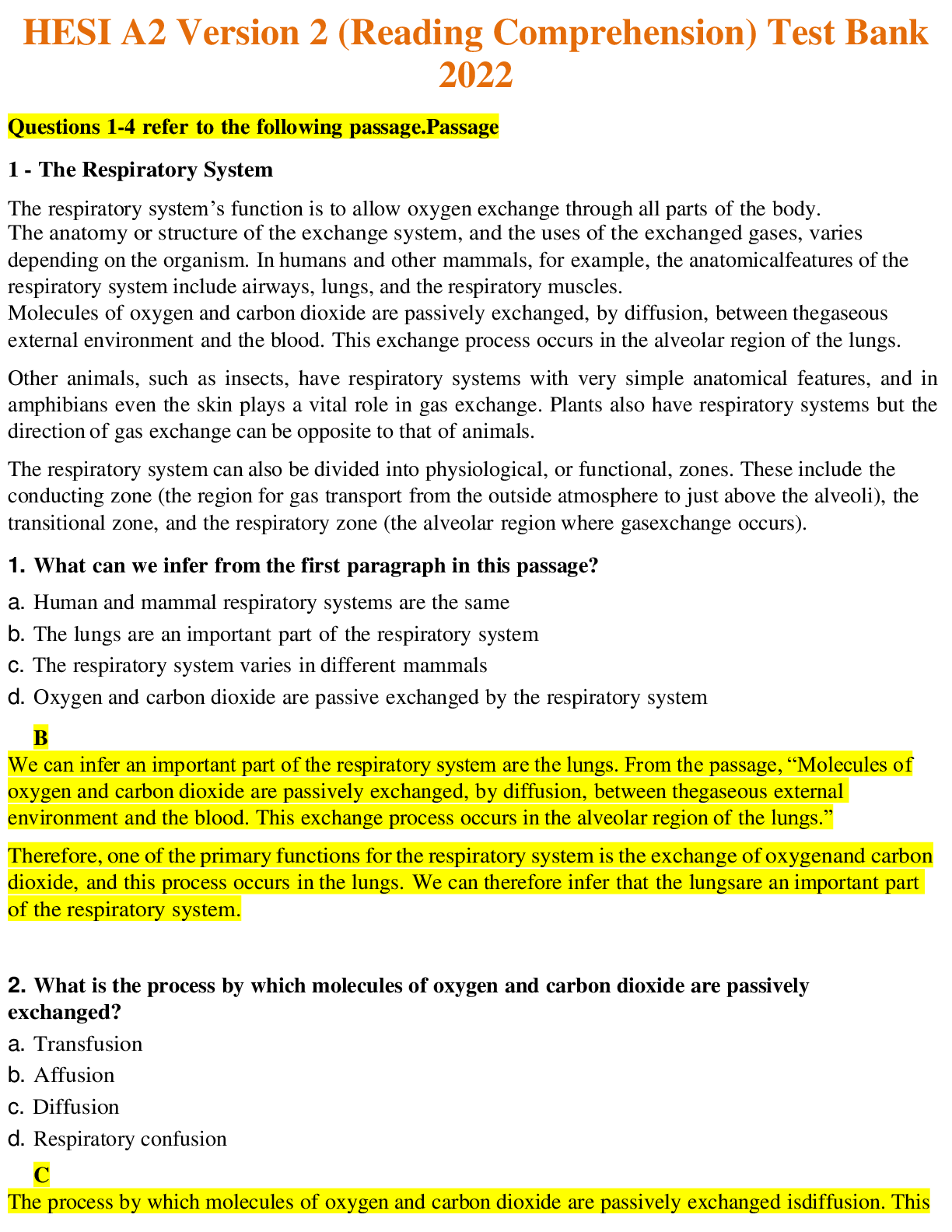Preview of HESI A2 Reading Comprehension Version 2 -Test Bank Questions and Verified Answers